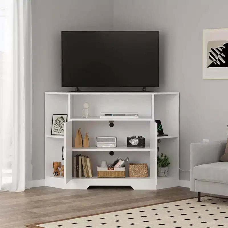 Mobile TV angolare bianco con presa di corrente e contenitore, per TV fino a 55"