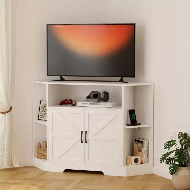 Mobile TV angolare bianco con presa di corrente e contenitore, per TV fino a 55"