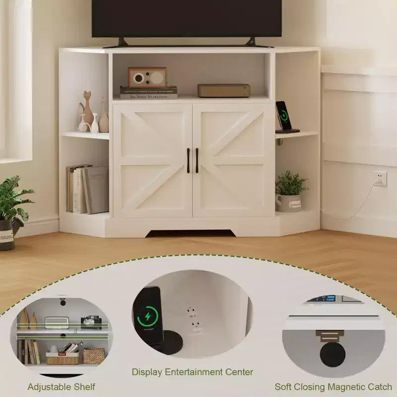 Mobile TV angolare bianco con presa di corrente e contenitore, per TV fino a 55"