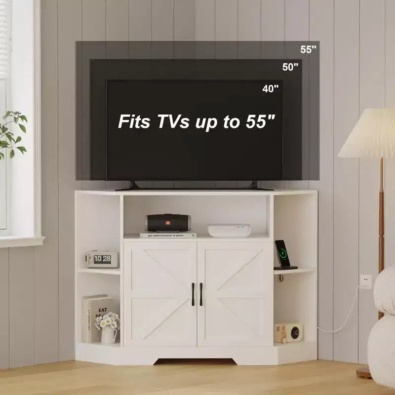 Mobile TV angolare bianco con presa di corrente e contenitore, per TV fino a 55"
