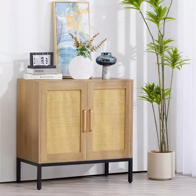 Madia a 2 ante in Rattan Nero/Marrone con gambe regolabili, montaggio in 1 persona
