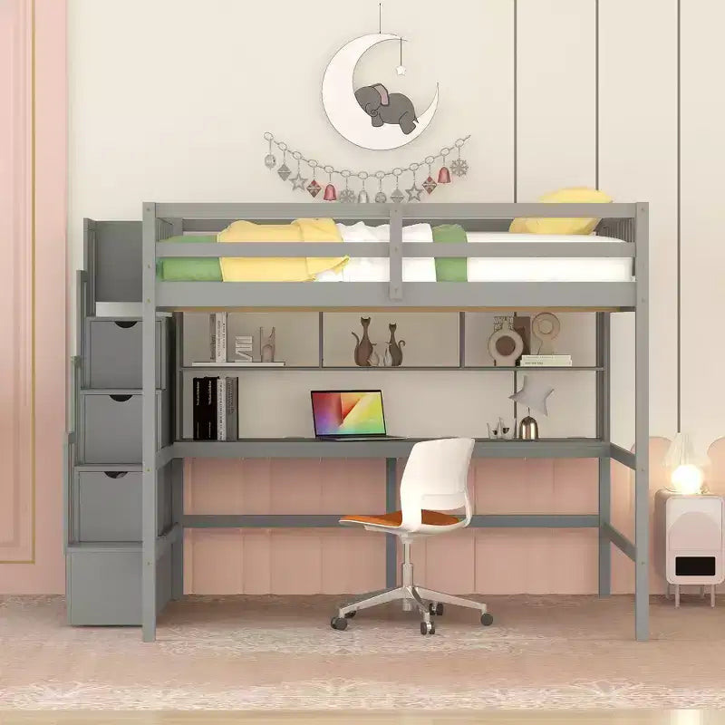 Letto a soppalco matrimoniale bianco con scrivania, scala contenitore, 1 persona