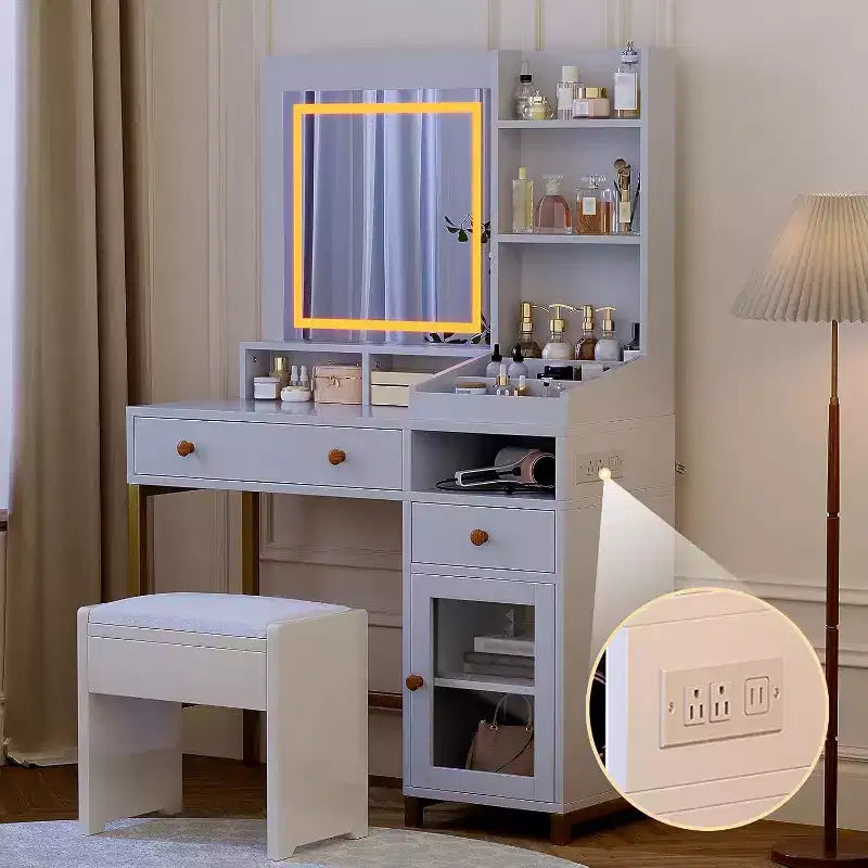 Toeletta bianca illuminata a LED con specchio, mobile in acrilico e 2 cassetti – 1 persona