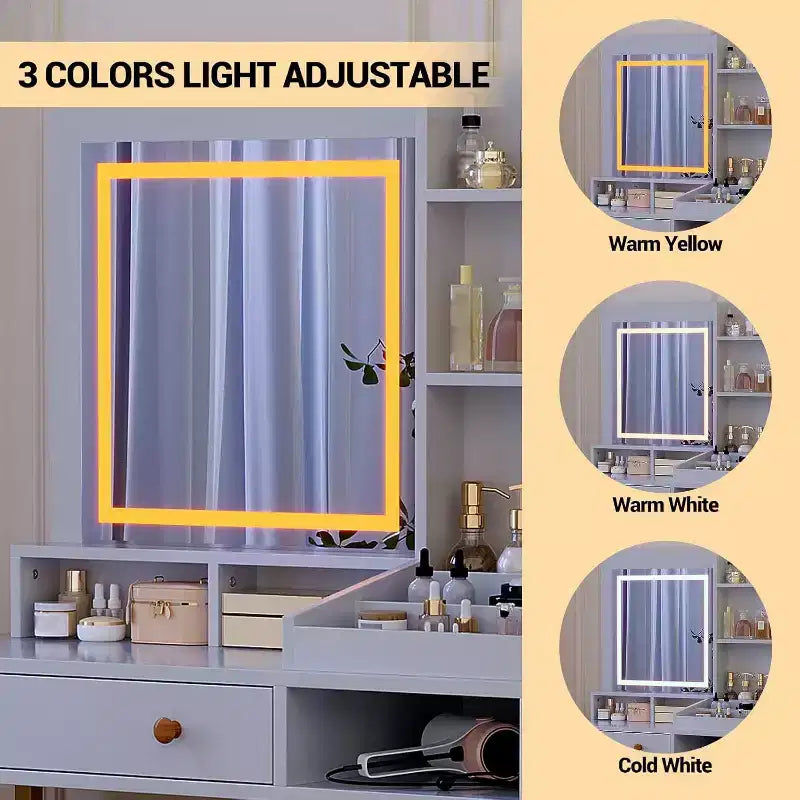 Toeletta bianca illuminata a LED con specchio, mobile in acrilico e 2 cassetti – 1 persona