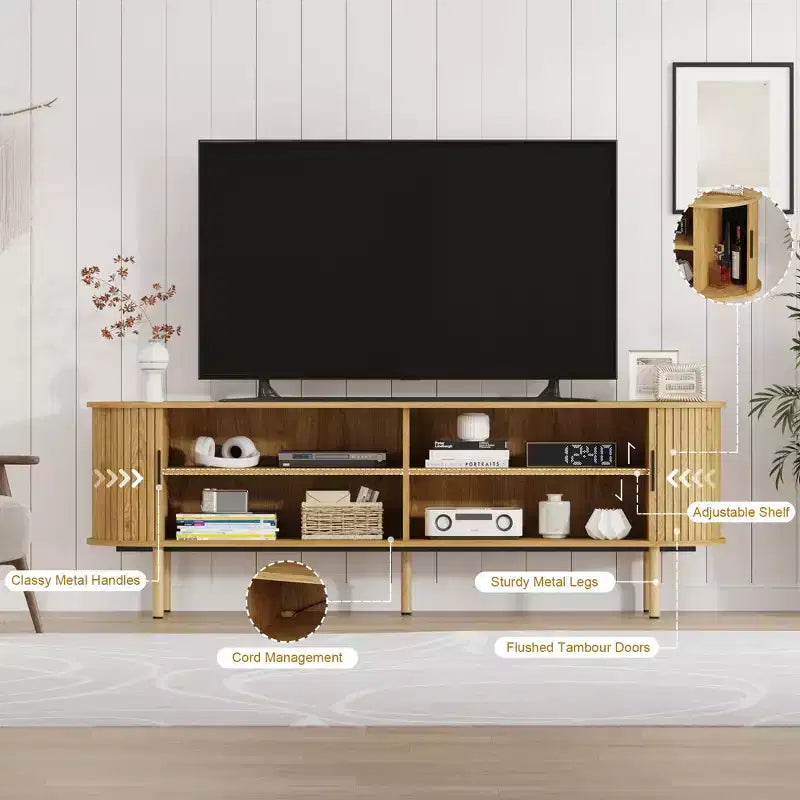 Mobile TV scanalato in noce con anta scorrevole, adatto a TV fino a 80", 1-2 persone