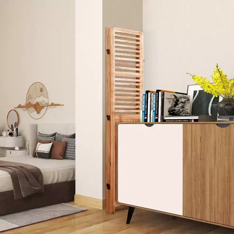 Divisorio a 4 pannelli pieghevole, colore legno naturale, monofacciale, uso individuale
