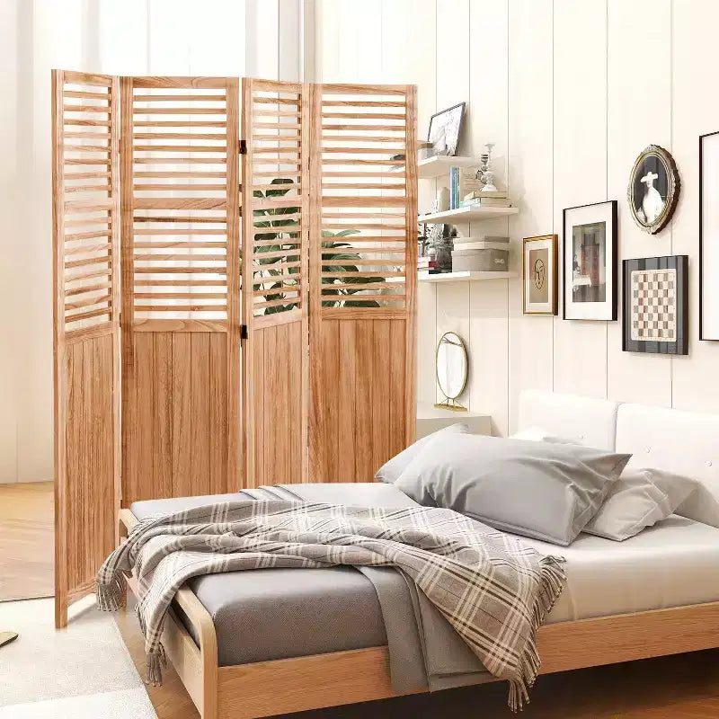Divisorio a 4 pannelli pieghevole, colore legno naturale, monofacciale, uso individuale