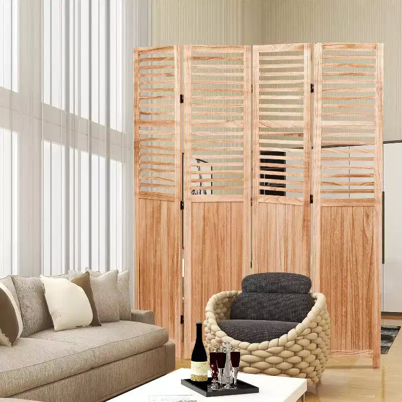 Divisorio a 4 pannelli pieghevole, colore legno naturale, monofacciale, uso individuale