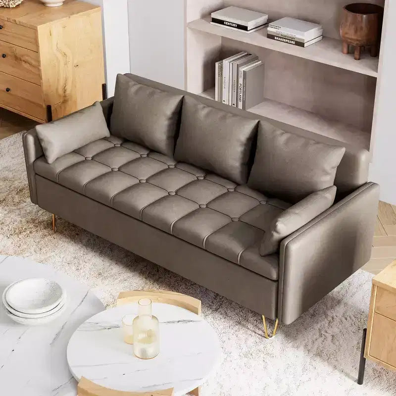 Divano a 3 posti in similpelle marrone scuro con contenitore, 5 cuscini e memory foam