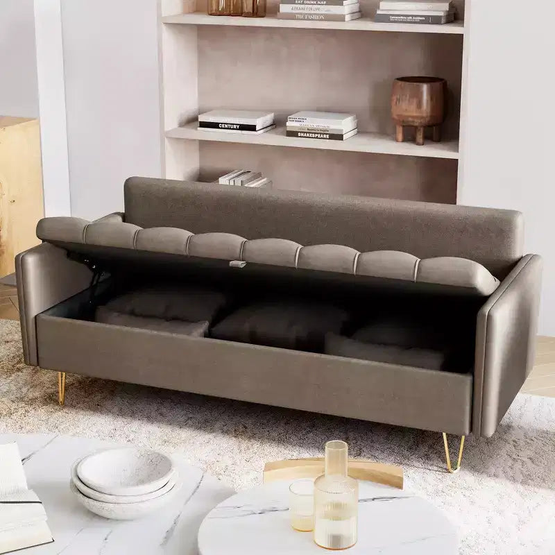 Divano a 3 posti in similpelle marrone scuro con contenitore, 5 cuscini e memory foam