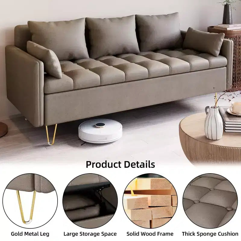 Divano a 3 posti in similpelle marrone scuro con contenitore, 5 cuscini e memory foam
