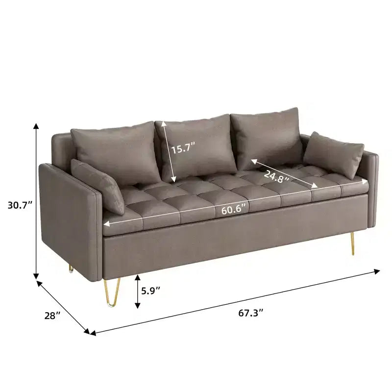 Divano a 3 posti in similpelle marrone scuro con contenitore, 5 cuscini e memory foam