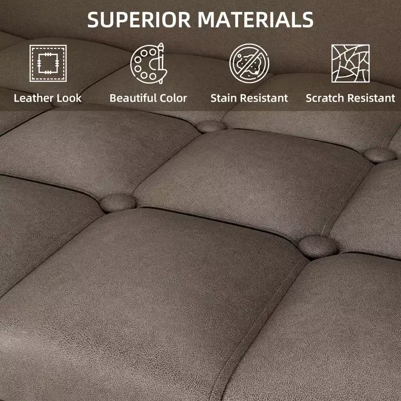 Divano a 3 posti in similpelle marrone scuro con contenitore, 5 cuscini e memory foam