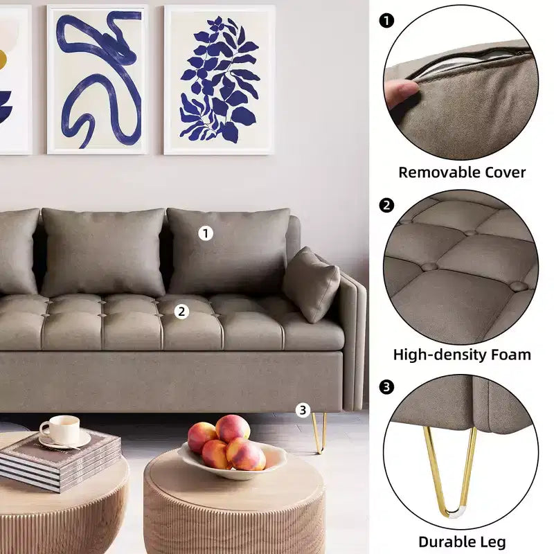 Divano a 3 posti in similpelle marrone scuro con contenitore, 5 cuscini e memory foam