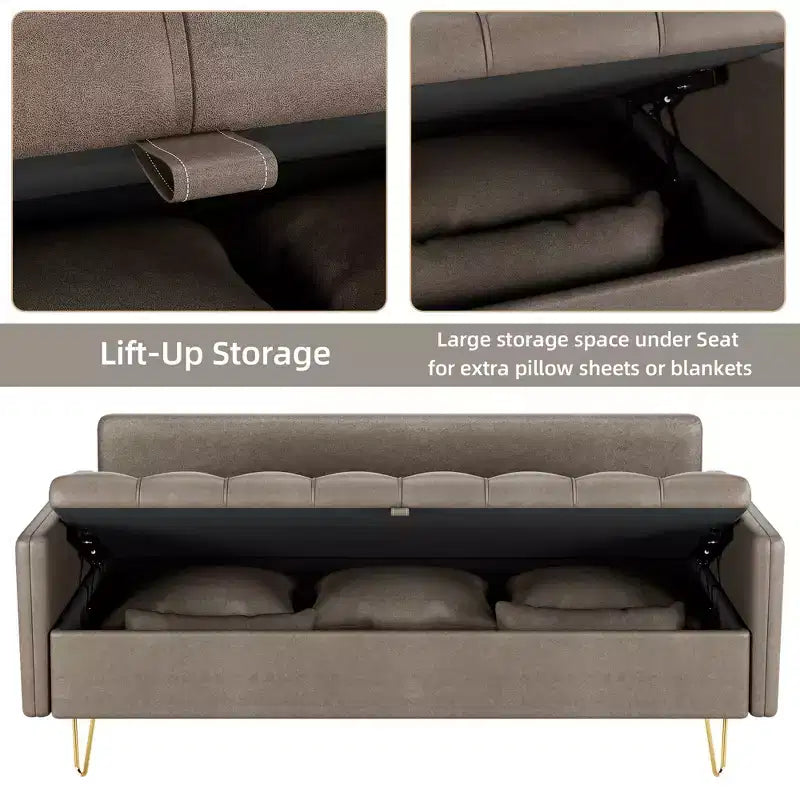Divano a 3 posti in similpelle marrone scuro con contenitore, 5 cuscini e memory foam