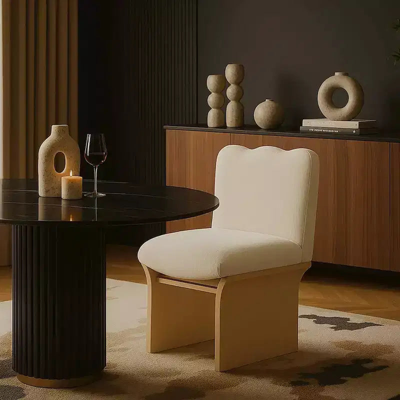 Sedia da pranzo imbottita in velluto crema, struttura in legno, 1 posto