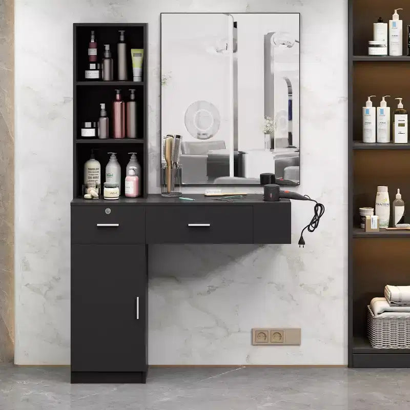 Sandinrayli Wall Mount Salon Barber Station for Hair Stylist,Hair Dressing Station with Storage Cabinet,Black