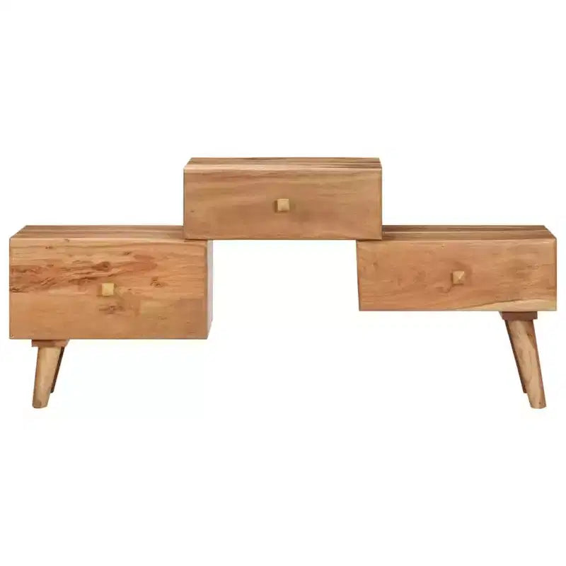 Mobile TV in legno massello di acacia marrone miele con cassetti, adatto per TV fino a 36"