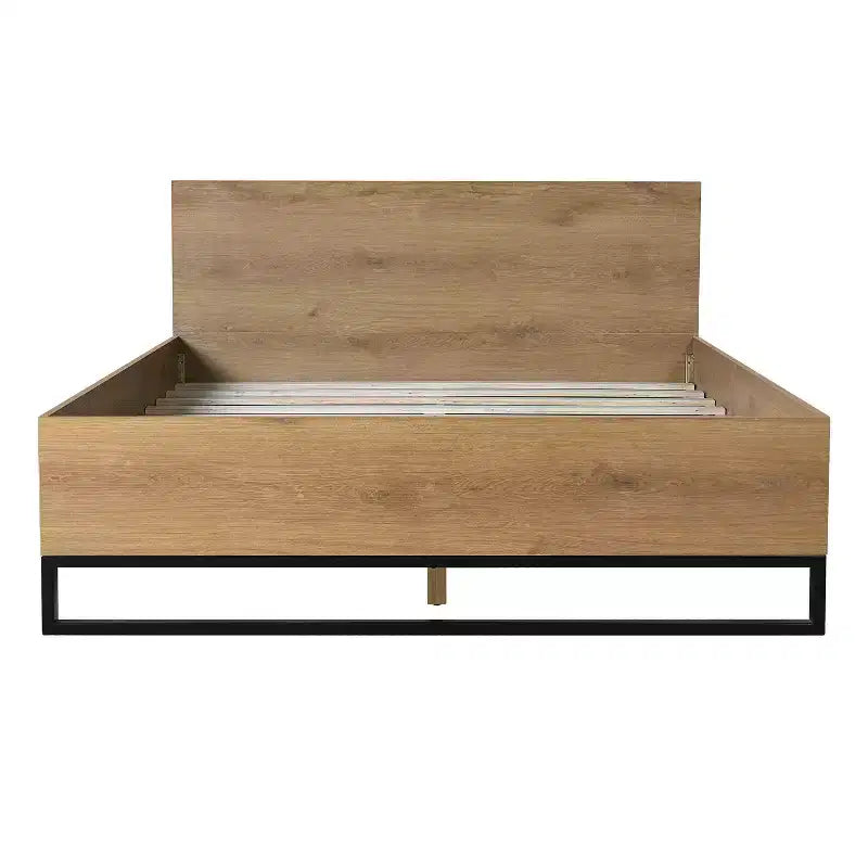 Base Letto Matrimoniale Natural & Black Queen, Legno + Ferro, Adatto per 2
