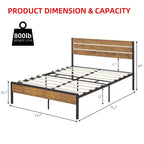 Struttura letto industriale in metallo nero con testiera in legno, matrimoniale/queen size, 2 persone