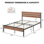 Struttura letto industriale in metallo nero con testiera in legno, matrimoniale/queen size, 2 persone