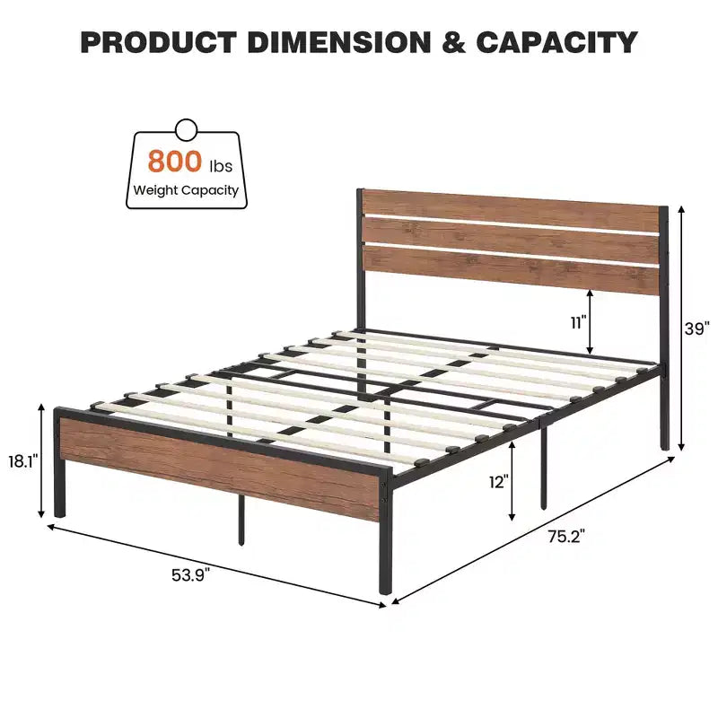 Struttura letto industriale in metallo nero con testiera in legno, matrimoniale/queen size, 2 persone