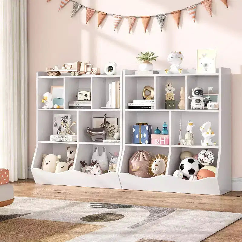Mobile Contenitore Giocattoli per Bambini a 3 Livelli con Cesti Inclinati, Grigio / Bianco / Colore Retrò, per 1 Bambino