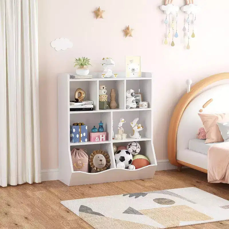 Mobile Contenitore Giocattoli per Bambini a 3 Livelli con Cesti Inclinati, Grigio / Bianco / Colore Retrò, per 1 Bambino