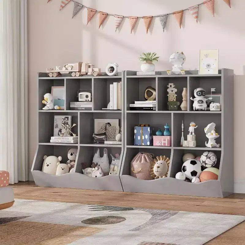 Mobile Contenitore Giocattoli per Bambini a 3 Livelli con Cesti Inclinati, Grigio / Bianco / Colore Retrò, per 1 Bambino