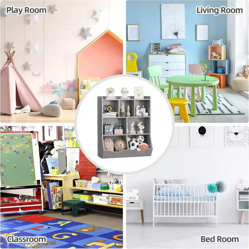 Mobile Contenitore Giocattoli per Bambini a 3 Livelli con Cesti Inclinati, Grigio / Bianco / Colore Retrò, per 1 Bambino