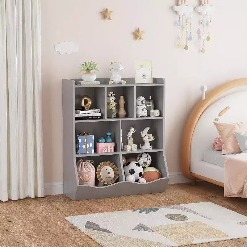 Mobile Contenitore Giocattoli per Bambini a 3 Livelli con Cesti Inclinati, Grigio / Bianco / Colore Retrò, per 1 Bambino