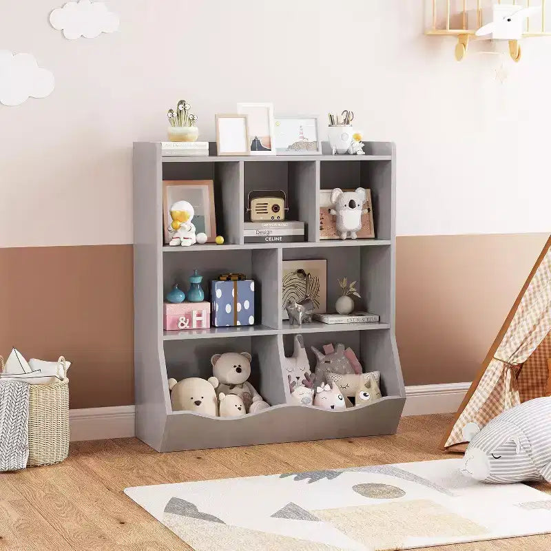 Mobile Contenitore Giocattoli per Bambini a 3 Livelli con Cesti Inclinati, Grigio / Bianco / Colore Retrò, per 1 Bambino