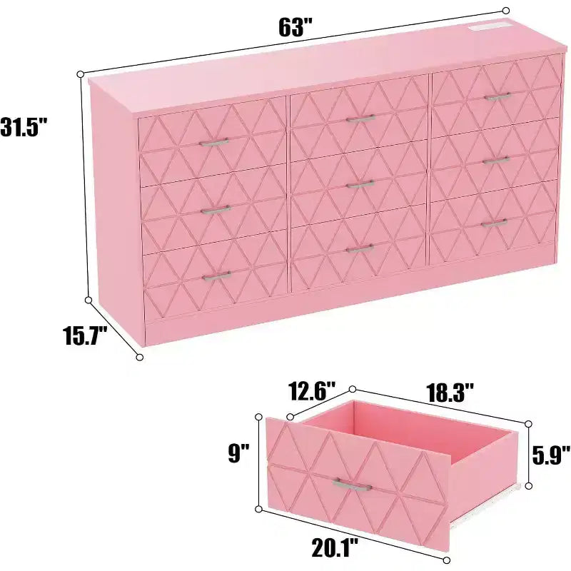 Comò Rosa a 9 Cassetti con Presa di Corrente e Porte USB, Cassettiera Moderna per 1 Adulto