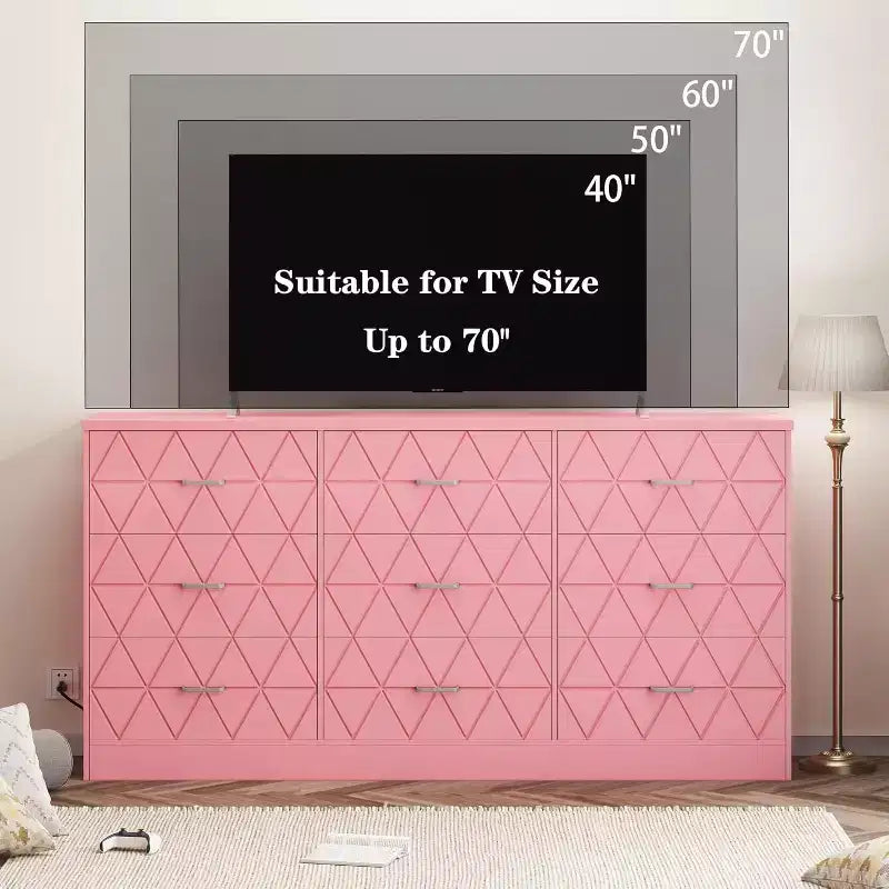 Comò Rosa a 9 Cassetti con Presa di Corrente e Porte USB, Cassettiera Moderna per 1 Adulto