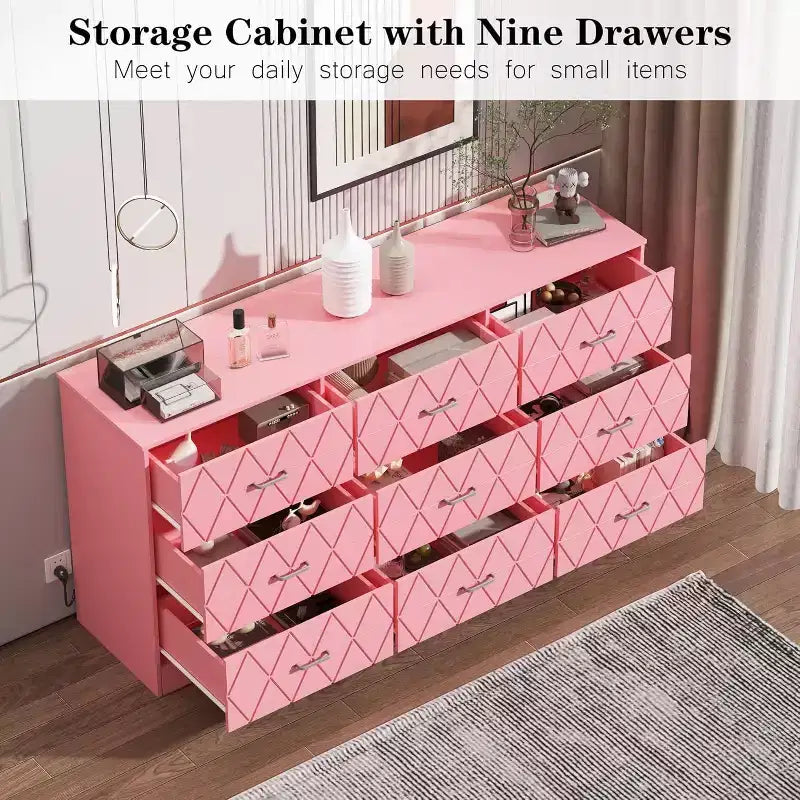 Comò Rosa a 9 Cassetti con Presa di Corrente e Porte USB, Cassettiera Moderna per 1 Adulto
