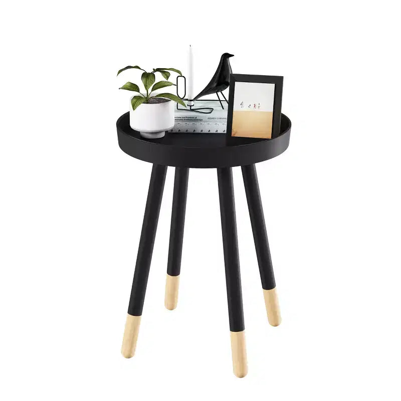 Tavolino rotondo con vassoio, nero/grigio/bianco, stile moderno di metà secolo, per 1 persona