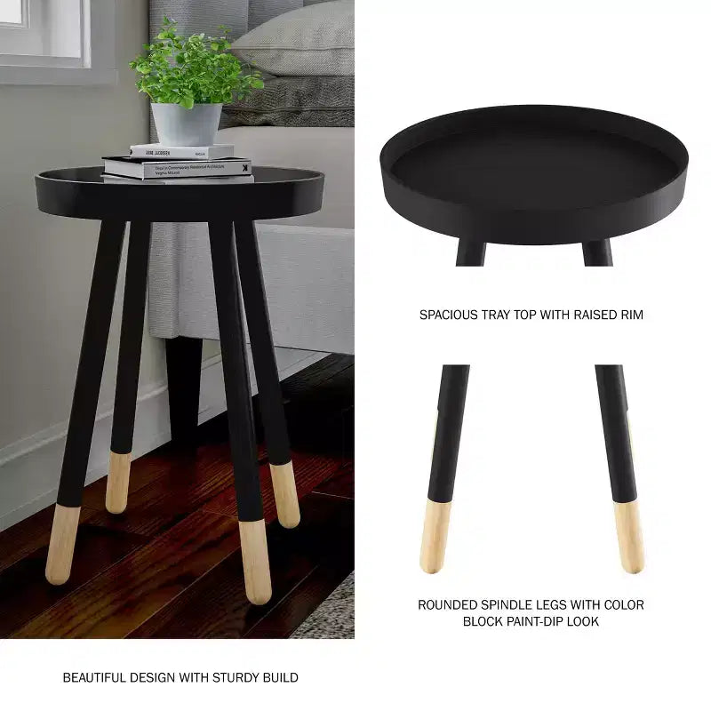 Tavolino rotondo con vassoio, nero/grigio/bianco, stile moderno di metà secolo, per 1 persona