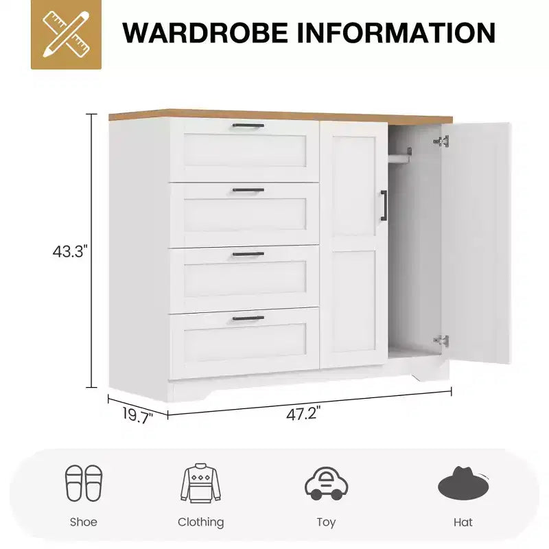 Armadio a 2 ante grigio/bianco con 4 cassetti e asta appendiabiti, singolo