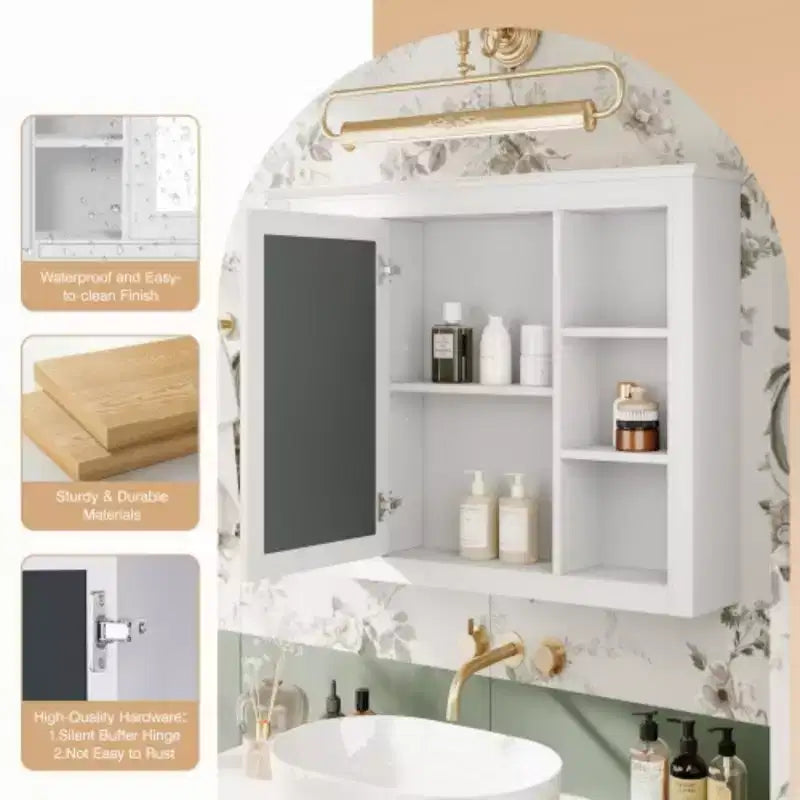 35'' x 27.5'' Medicine Cabinet, Wall Mounted Bathroom Storage Cabinet, Modern Bathroom Wall Cabinet with Mirror, Mirror Cabinet with 6 Open Shelves