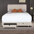 Queen Size Upholstered Bed Frame, 43.5''/ 47.5'' Adjustable Tufted Headboard, 2 Drawers, Storage for Bedroom, Beige
