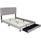 Letto Queen Size Imbottito Beige, Testiera Regolabile Capitonnè, 2 Cassetti Contenitori, 1 Persona