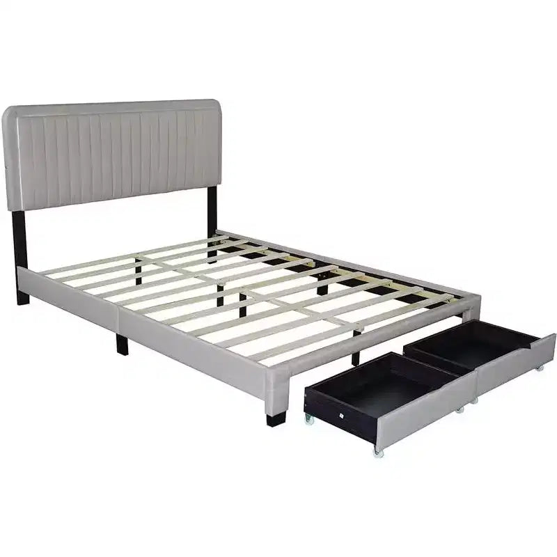 Letto Queen Size Imbottito Beige, Testiera Regolabile Capitonnè, 2 Cassetti Contenitori, 1 Persona