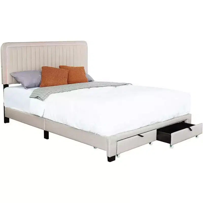 Letto Queen Size Imbottito Beige, Testiera Regolabile Capitonnè, 2 Cassetti Contenitori, 1 Persona