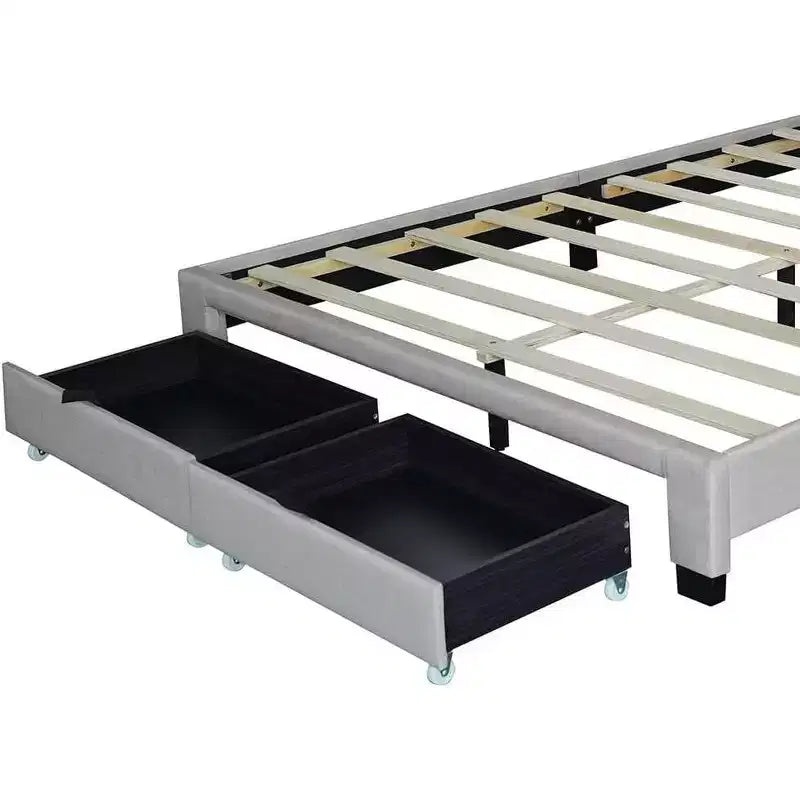 Letto Queen Size Imbottito Beige, Testiera Regolabile Capitonnè, 2 Cassetti Contenitori, 1 Persona