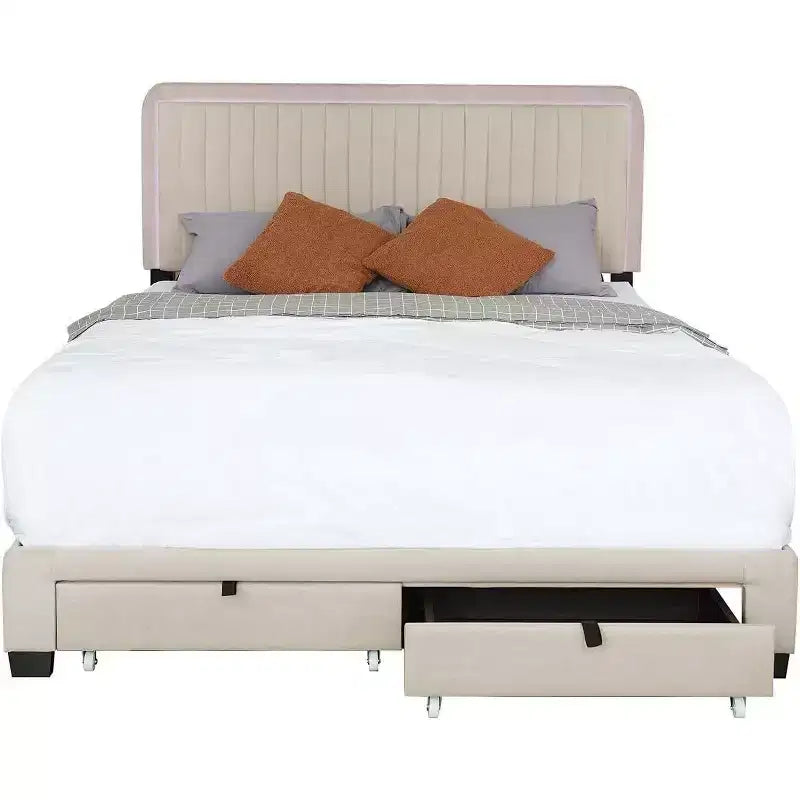 Letto Queen Size Imbottito Beige, Testiera Regolabile Capitonnè, 2 Cassetti Contenitori, 1 Persona