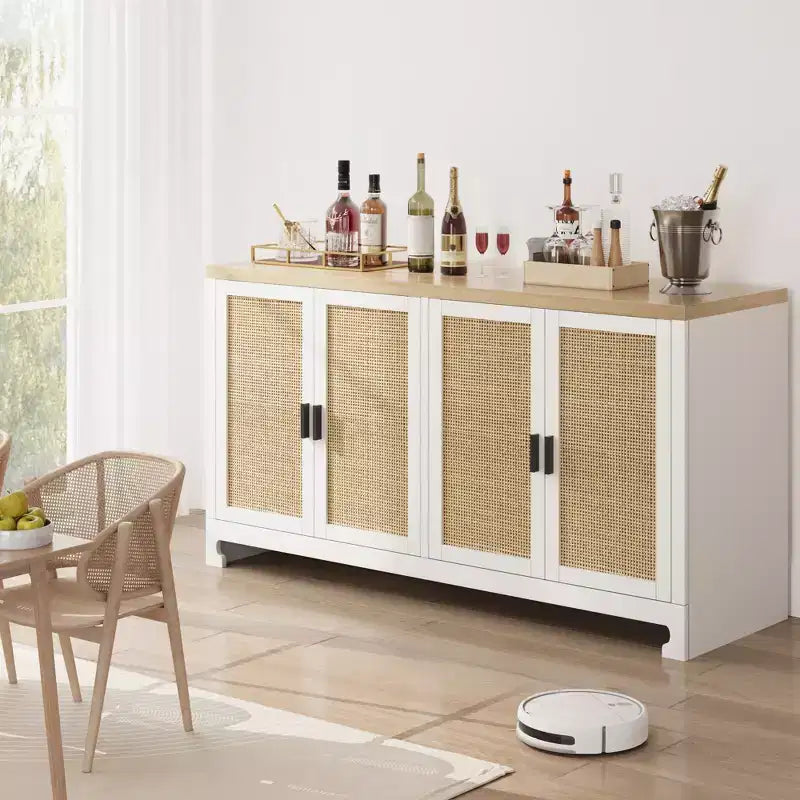 Madia/Buffet 4 ante 155 cm in rovere/rattan bianco e marrone, per 1–2 persone