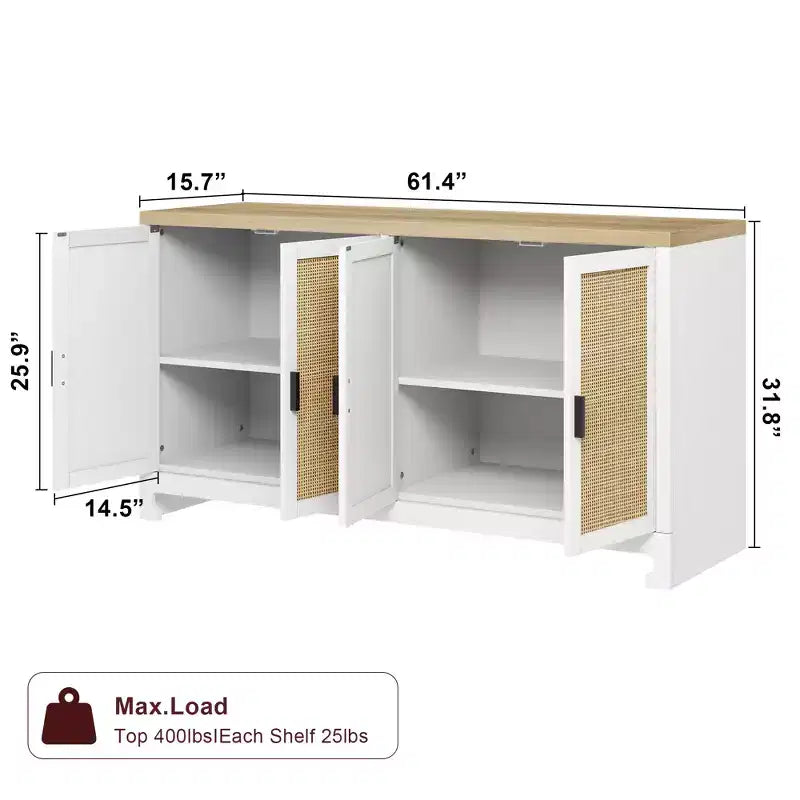 Madia/Buffet 4 ante 155 cm in rovere/rattan bianco e marrone, per 1–2 persone