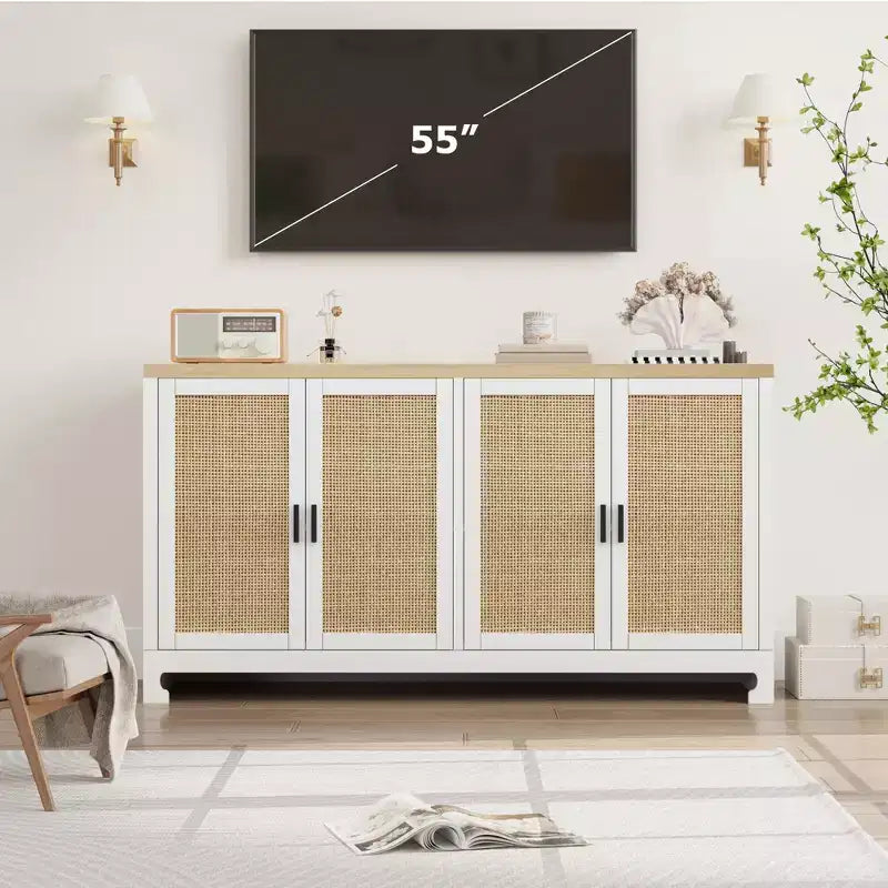 Madia/Buffet 4 ante 155 cm in rovere/rattan bianco e marrone, per 1–2 persone