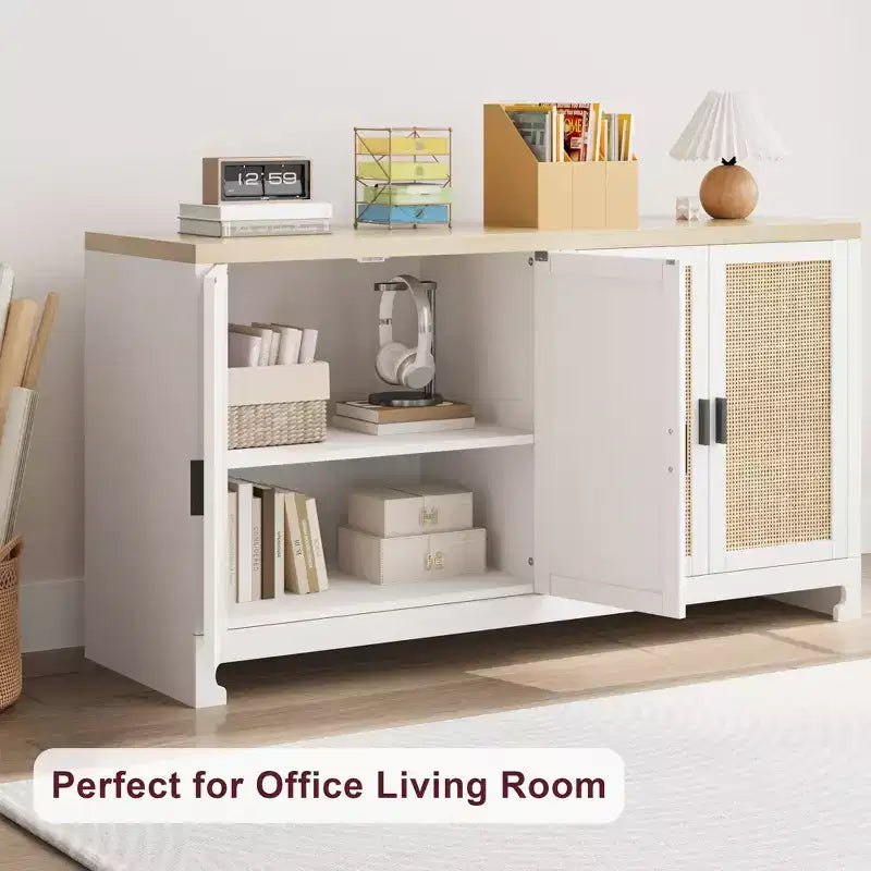 Madia/Buffet 4 ante 155 cm in rovere/rattan bianco e marrone, per 1–2 persone