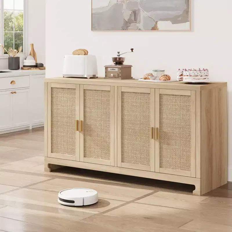 Madia/Buffet 4 ante 155 cm in rovere/rattan bianco e marrone, per 1–2 persone